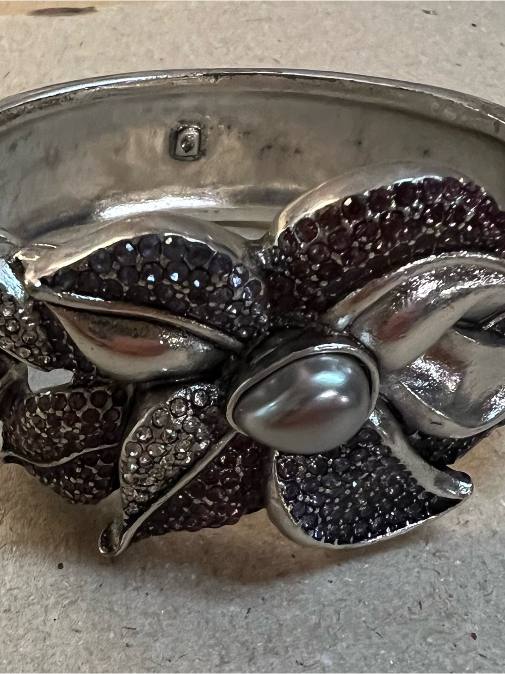 White House Black Market Silver Floral Cuff with Pearl and Purple Stones